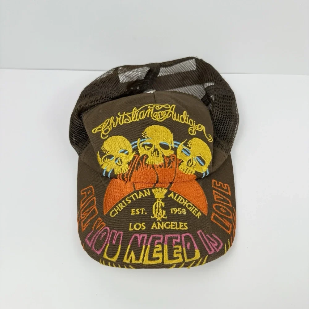 Christian Audigier Hat Embroidered Snapback Trucker Cap Brown Skulls Love LA